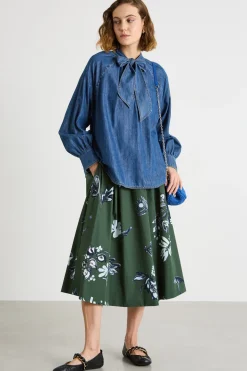 Blusa in jeans con collo a foulard - Blu