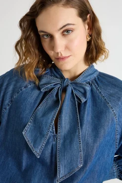 Blusa in jeans con collo a foulard - Blu