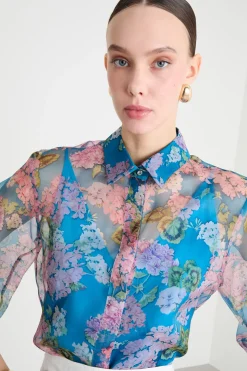 Blusa in organza stampata - Blu