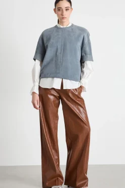 Blusa in pelle scamosciata - Azzurro