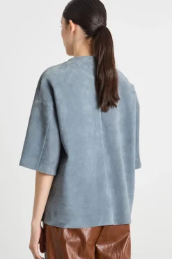 Blusa in pelle scamosciata - Azzurro