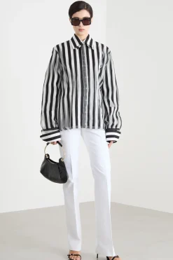 Blusa in popeline e organza - Bianco Nero