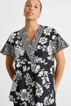 Blusa in popeline stampato - Nero Bianco