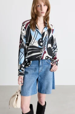 Blusa in raso stampato - Nero Azzurro