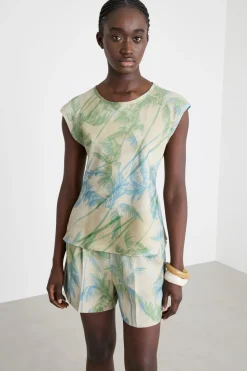 Blusa in raso stampato - Verde Beige