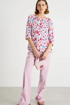 Blusa in twill di viscosa stampato - Bianco Rosso Blu