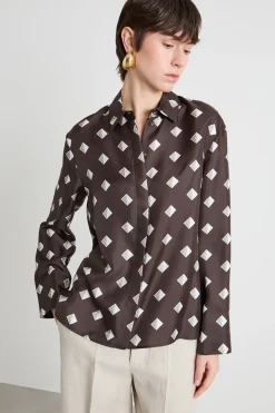 Blusa in twill stampato - Marrone Bianco