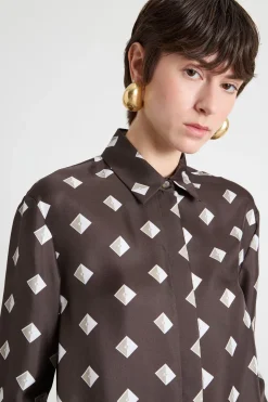 Blusa in twill stampato - Marrone Bianco