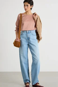 Blusa morbida in twill - Rosso Beige Bianco