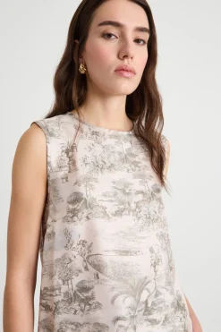 Blusa smanicata in twill stampato - Avorio