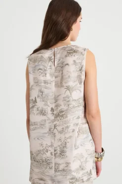 Blusa smanicata in twill stampato - Avorio