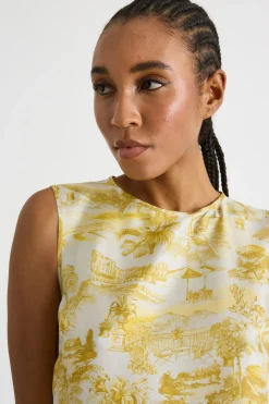 Blusa smanicata in twill stampato - Giallo Bianco