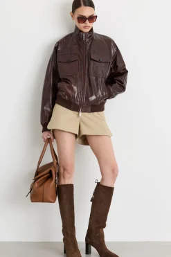 Bomber glossy con tasche - Marrone