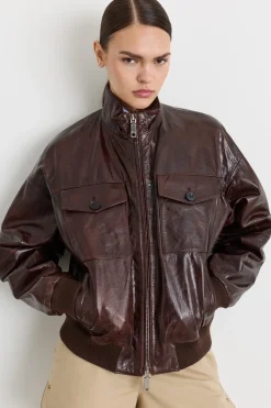Bomber glossy con tasche - Marrone