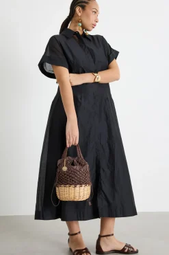 Borsa a secchiello in rete e rattan - Marrone