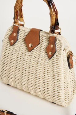 Borsa a trapezio con manico in bamboo - Beige