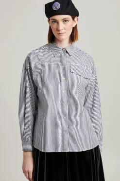 Camicia over in popeline a righe - Nero Bianco