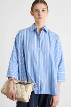 Camicia ampia in popeline - Azzurro Bianco