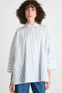 Camicia ampia in popeline - Azzurro Bianco
