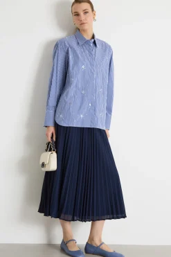 Camicia ampia in popeline con ricami - Blu