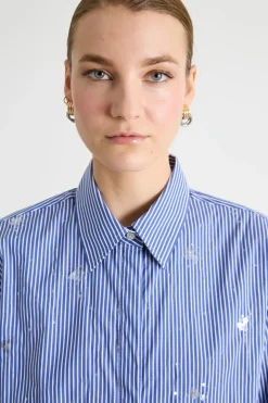 Camicia ampia in popeline con ricami - Blu