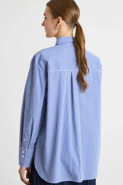 Camicia ampia in popeline con ricami - Blu