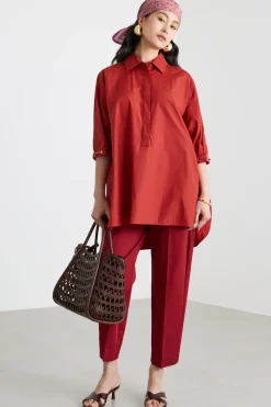 Camicia ampia in popeline - Rosso
