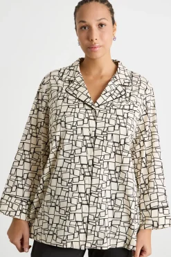 Camicia ampia in popeline stampato - Avorio Nero