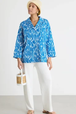 Camicia ampia in popeline stampato - Azzurro Bianco