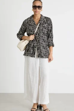Camicia ampia in popeline stampato - Nero Bianco