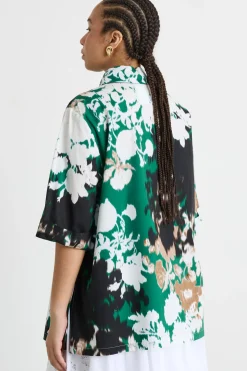 Camicia ampia in popeline stampato - Verde