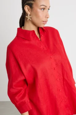 Camicia ampia in tela - Rosso