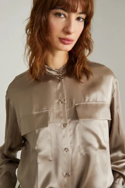 Camicia asimmetrica in raso - Tortora Scuro