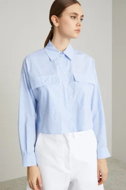 Camicia boxy in popeline a righe - Celeste Bianco