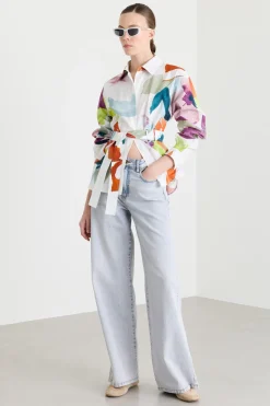 Camicia con cintura - Bianco Arancione Rosa