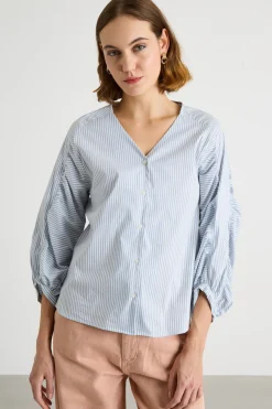 Camicia con maniche arricciate - Azzurro Bianco