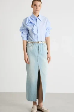 Camicia con rouche e applicazione floreale - Azzurro