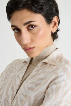 Camicia con scollo a V - Beige Bianco