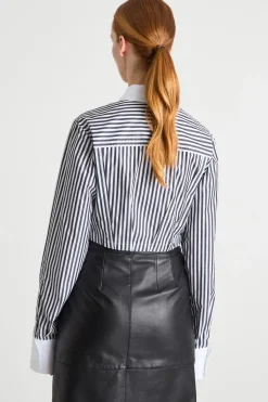 Camicia crop in popeline a righe - Bianco Nero