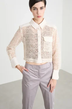 Camicia crop in tulle ricamato - Bianco