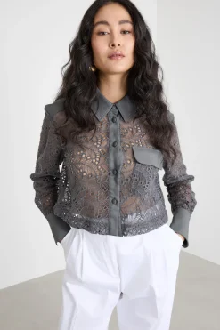 Camicia crop in tulle ricamato - Grigio