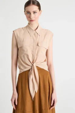 Camicia in crepe con nodo - Beige