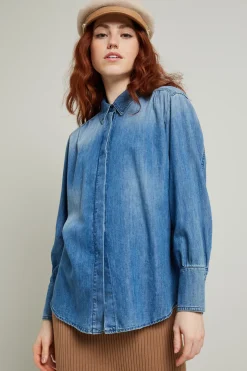 Camicia in denim con arricciatura - Azzurro Denim