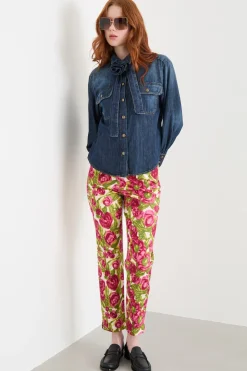 Camicia in jeans con fiore - Blu