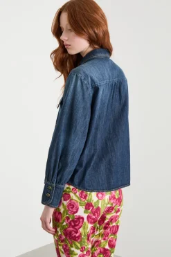 Camicia in jeans con fiore - Blu