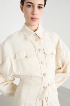 Camicia in jersey lunga con cintura - Avorio