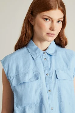 Camicia in lino con cintura - Azzurro