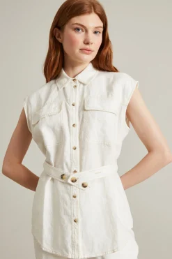 Camicia in lino con cintura - Bianco