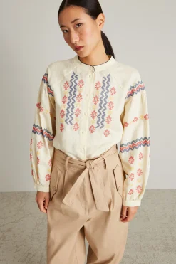 Camicia in lino con ricami - Burro
