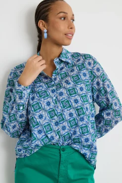 Camicia in mussola stampata - Verde Blu